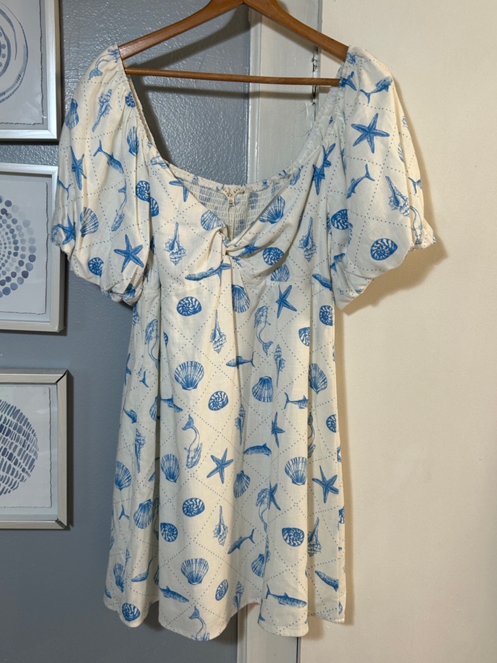 NWT Copper Key Above Knee Mini White Dress Blue Seashell Print Junior Size XL